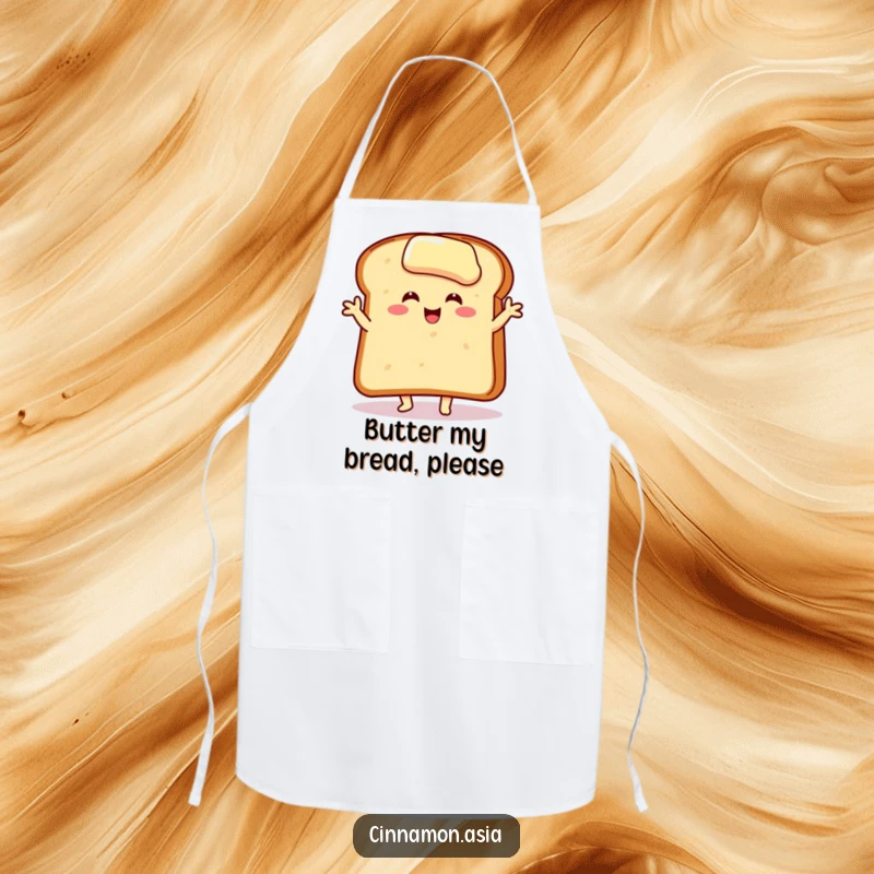 Funny apron showcasing a smiling, buttered toast slice in a happy dance pose, ready for kitchen fun and spills.
