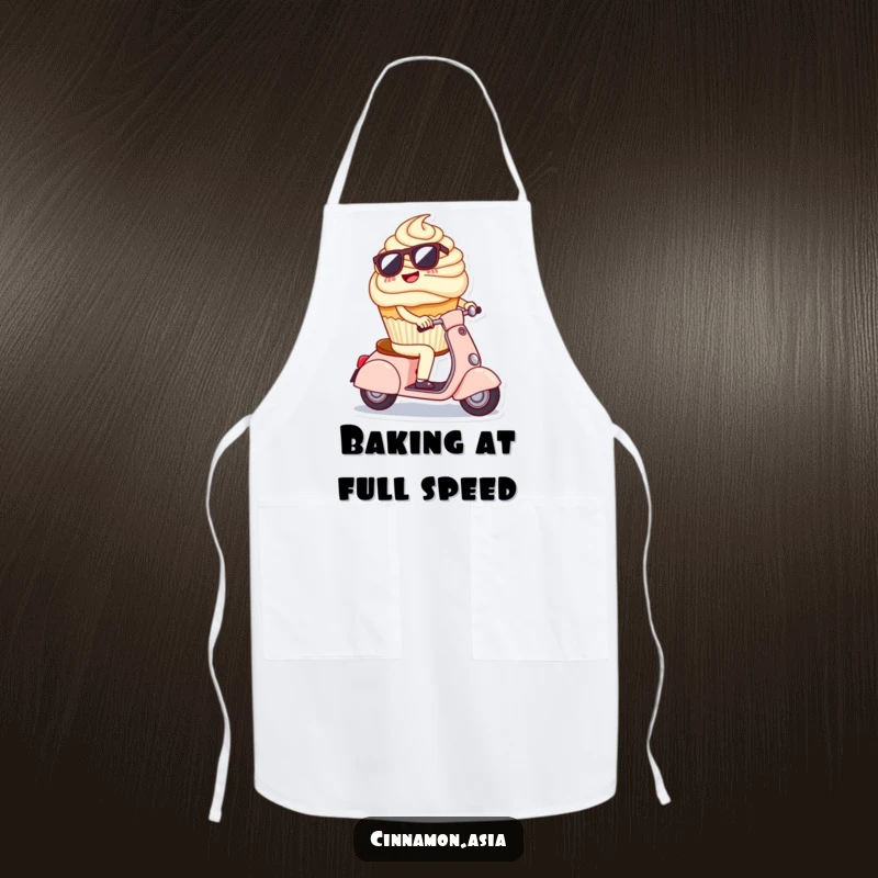 Funny apron showcasing a cheerful cupcake in sunglasses, riding a small scooter, ready for baking adventures.