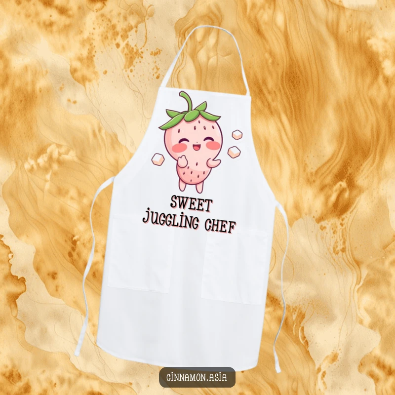 Funny apron showcasing a blushing strawberry character giggling while juggling three sugar cubes, ready for kitchen fun.