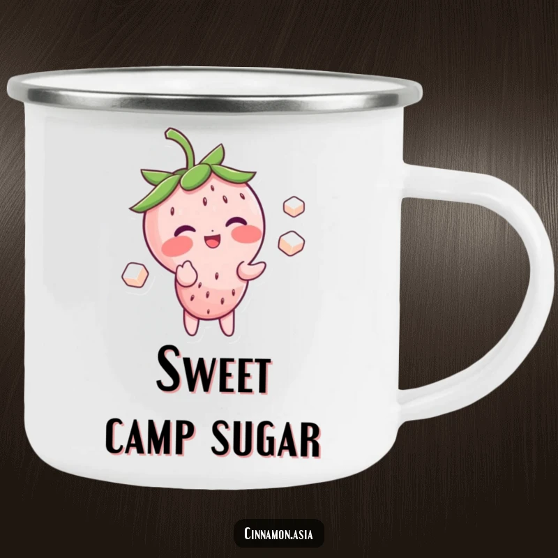 Funny camping mug featuring a blushing strawberry character giggling while juggling sugar cubes, ready for the outdoors.