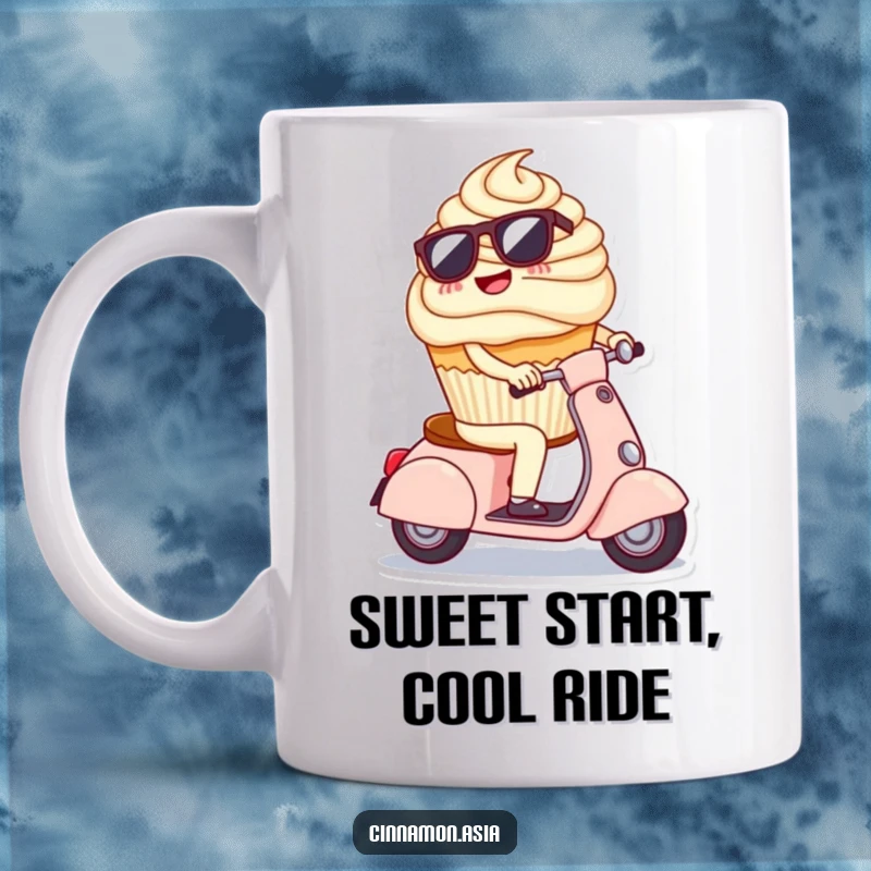 Funny mug featuring a cheerful cupcake in sunglasses, coolly riding a tiny scooter with a smile.