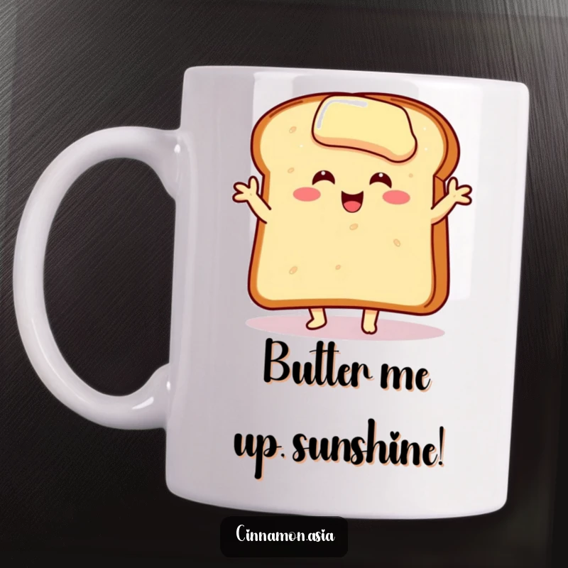 Funny toast mug featuring a smiling slice of buttered toast striking a jubilant dance pose, radiating pure breakfast happiness.