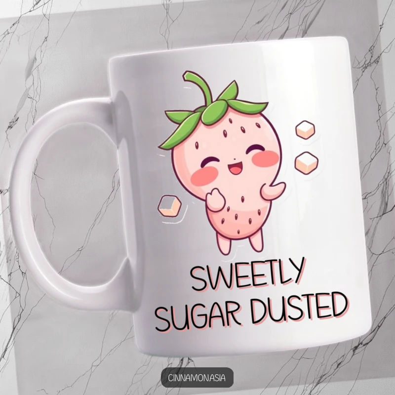 Funny mug featuring a blushing strawberry character giggling while skillfully juggling three tiny sugar cubes.