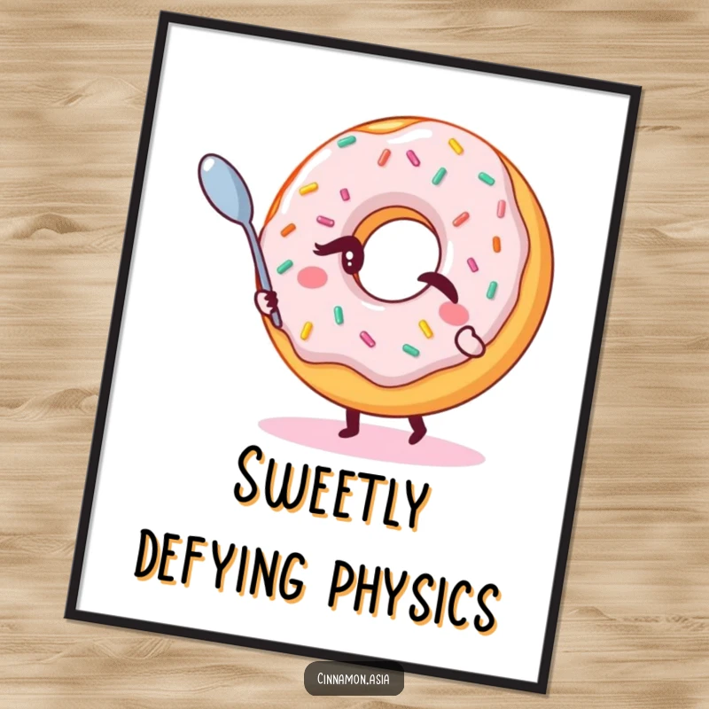 Funny digital art print of a winking donut with sprinkles, magically levitating a small spoon, creating an illusion.