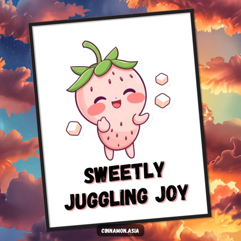Funny digital art print of a blushing strawberry character giggling while skillfully juggling three tiny sugar cubes.