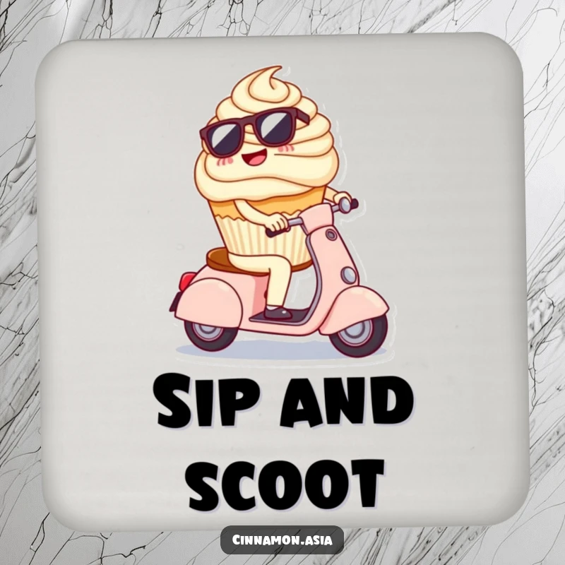 Funny drink coaster depicting a cheerful cupcake in sunglasses, riding a small scooter, adding cool flair.