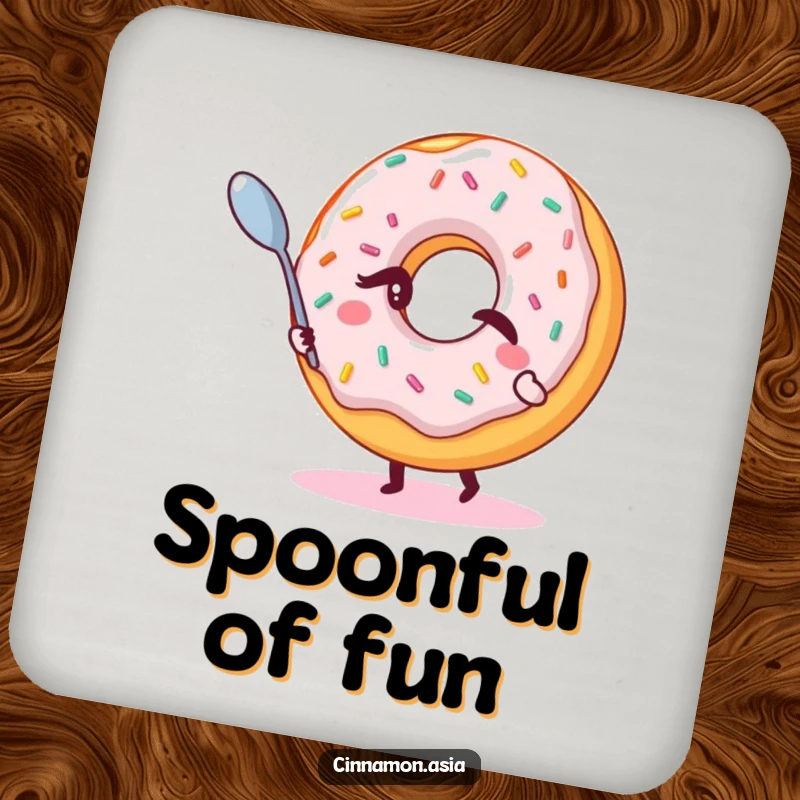 Funny drink coaster depicting a winking donut with sprinkles, magically levitating a small spoon, adding enchantment.