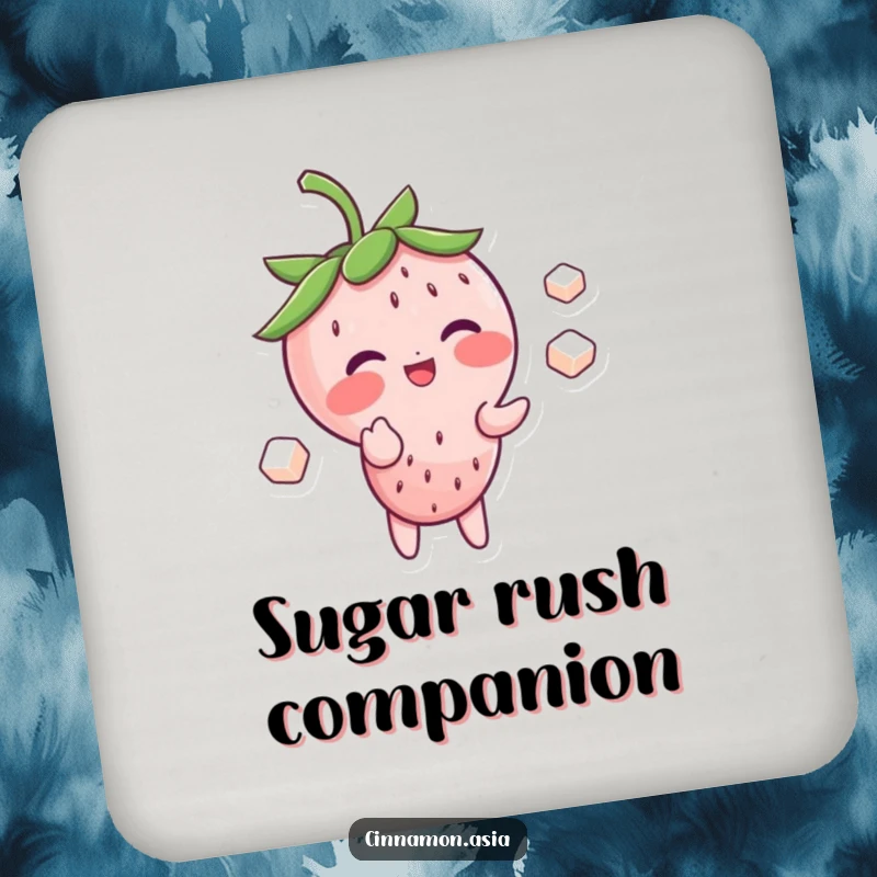Funny drink coaster depicting a blushing strawberry character giggling while juggling sugar cubes, adding fruity fun.