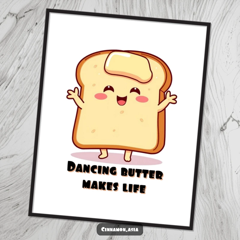 Funny poster art of a smiling, buttered toast slice in an exuberant dance pose, bringing cheerful breakfast vibes.