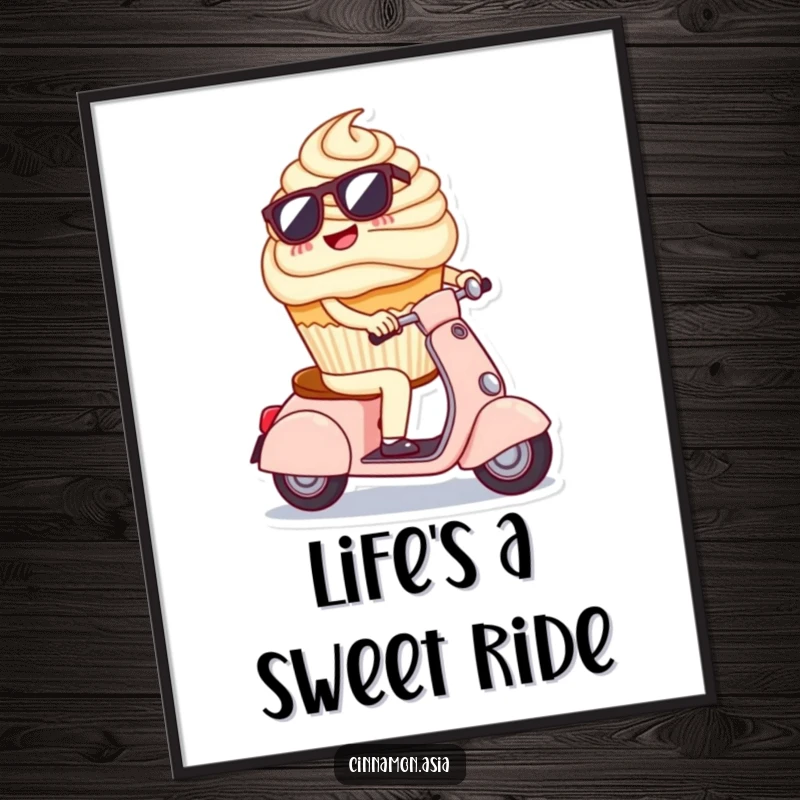 Funny poster art of a cheerful cupcake in sunglasses, cruising on a miniature scooter, radiating cool vibes.