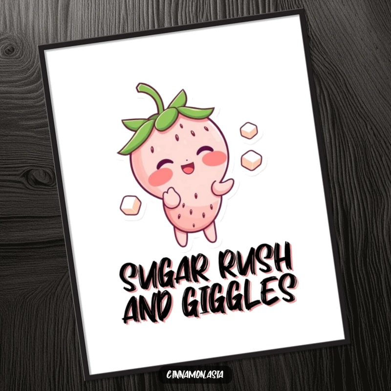 Funny poster art of a blushing strawberry character giggling while skillfully juggling three tiny sugar cubes.