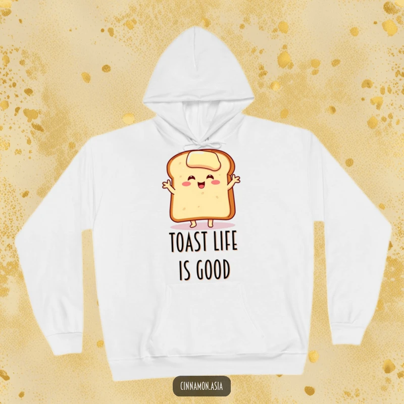 Funny hoodie showing a happy, buttered toast slice in a dynamic, joyful dance pose, ready to bring smiles.
