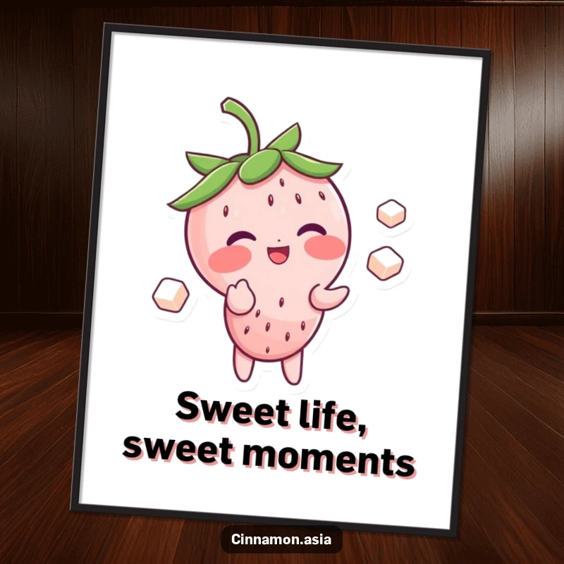 Funny Free Printable Wall Art: A blushing strawberry character giggling while juggling sugar cubes, whimsical downloadable decor.
