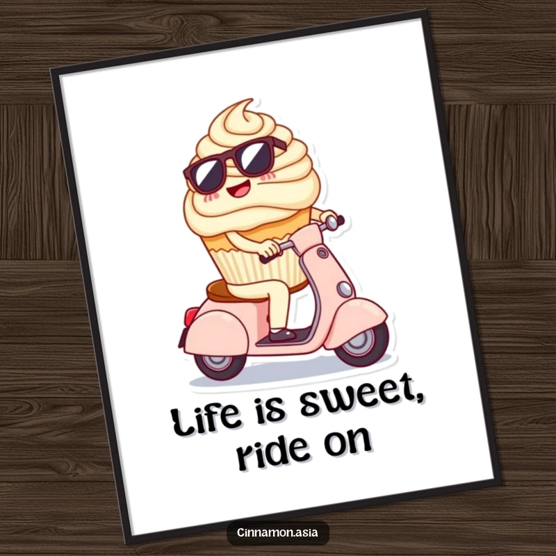 Funny Free Printable Wall Art: A cool cupcake in sunglasses riding a tiny scooter, quirky downloadable decor.