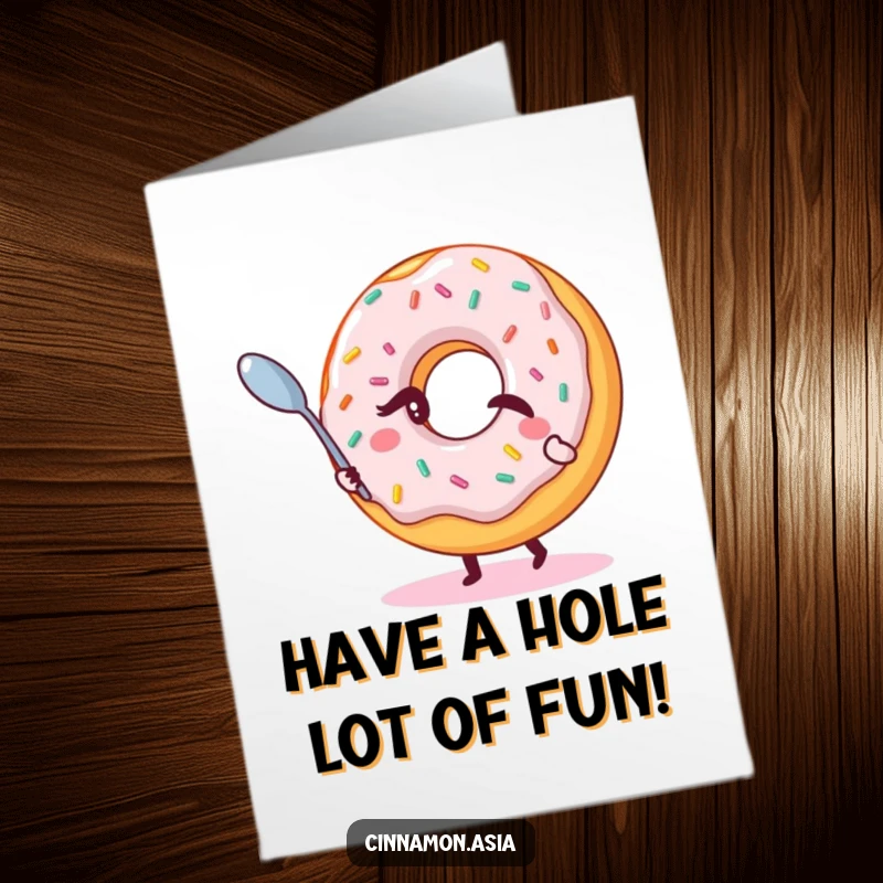 Funny Free Printable Birthday Card: A winking donut with sprinkles mysteriously levitating a spoon, a magical gift.