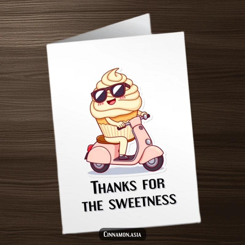 Funny Free Printable Thank You Card: A cheerful cupcake with sunglasses riding a scooter, a fun downloadable gift.