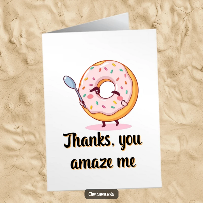 Funny Free Printable Thank You Card: A donut with sprinkles winking while levitating a spoon, a sweet gift.