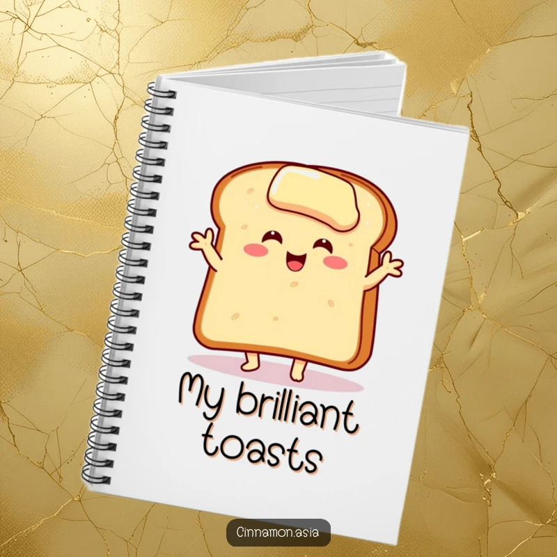 Funny notebook with a smiling, buttered toast slice in a joyful dance pose, ideal for jotting down ideas.