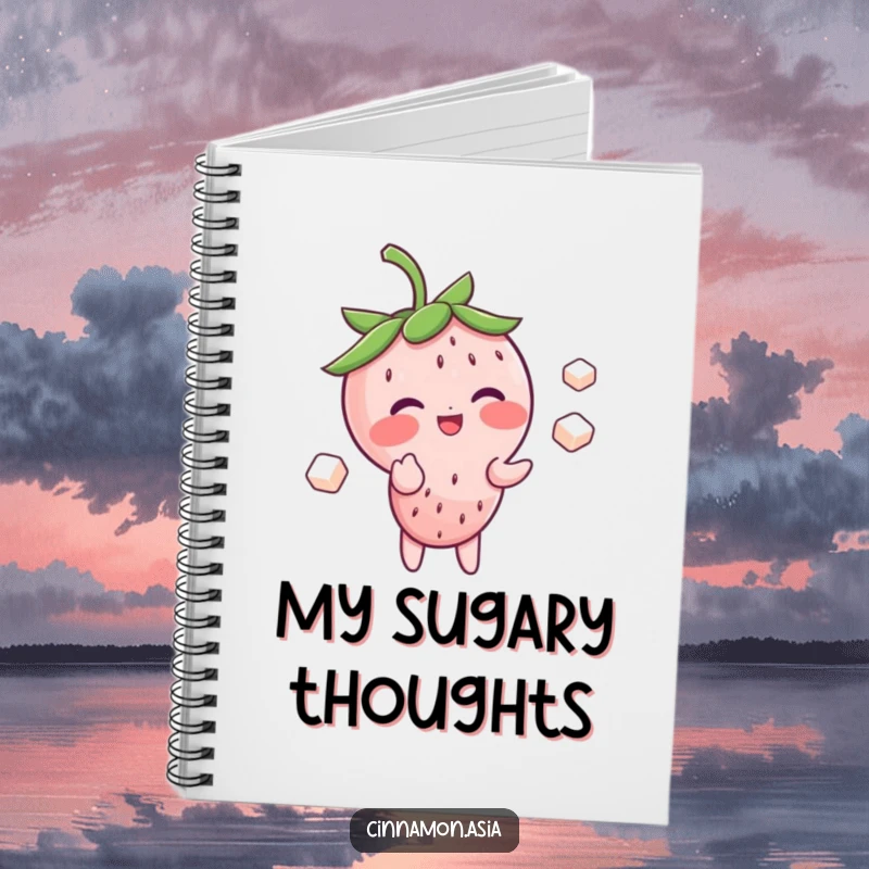 Funny notebook with a blushing strawberry character giggling while juggling sugar cubes, ideal for writing sweet thoughts.