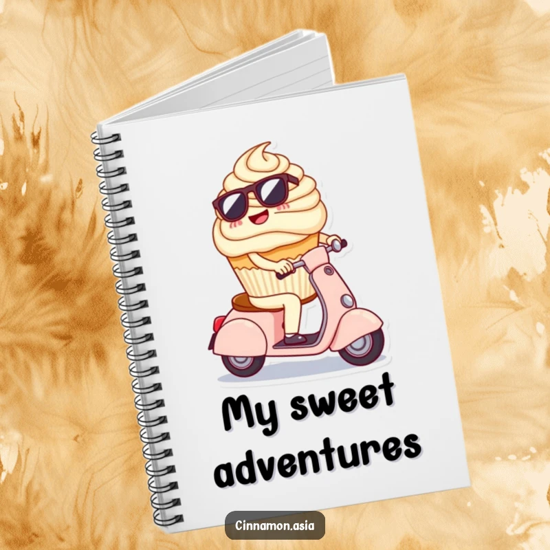 Funny notebook with a cheerful cupcake in sunglasses riding a miniature scooter, ideal for writing down ideas.