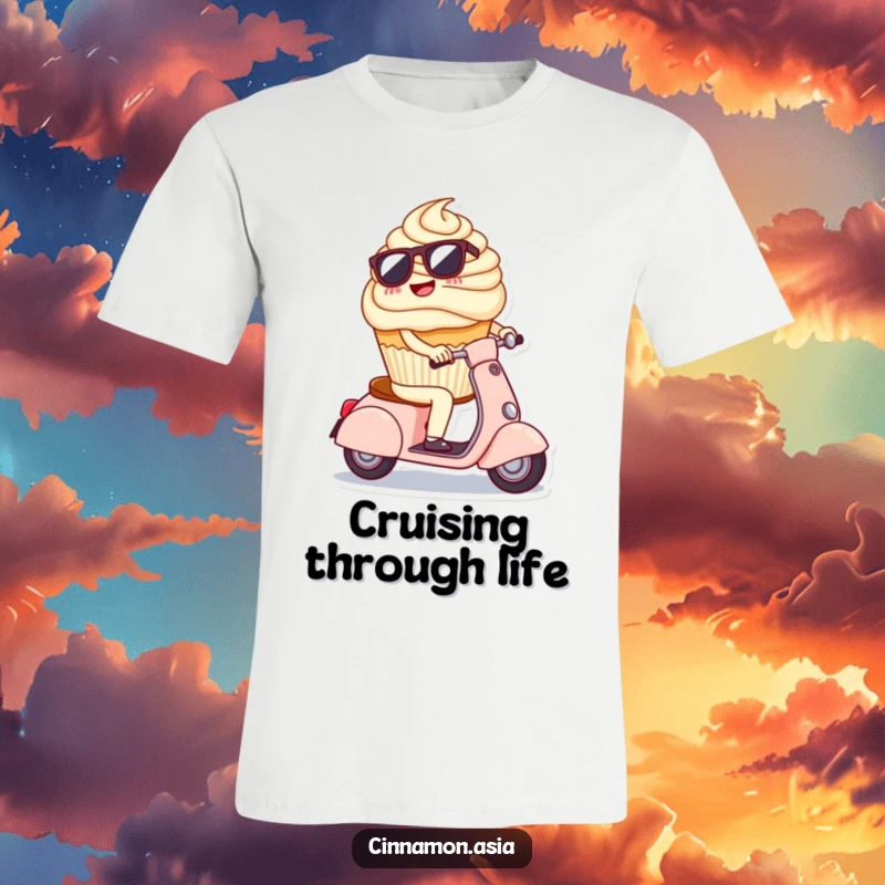 Funny t-shirt of a cheerful cupcake wearing sunglasses, joyfully riding a miniature scooter with a cool attitude.
