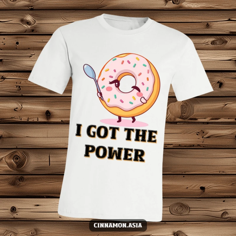 Funny t-shirt of a winking donut with colorful sprinkles, performing a delightful magic trick by levitating a spoon.