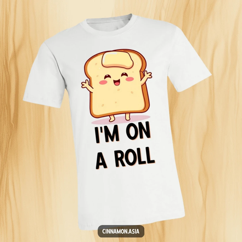 Funny t-shirt of a smiling, buttered toast slice performing an energetic and joyful dance move with glee.