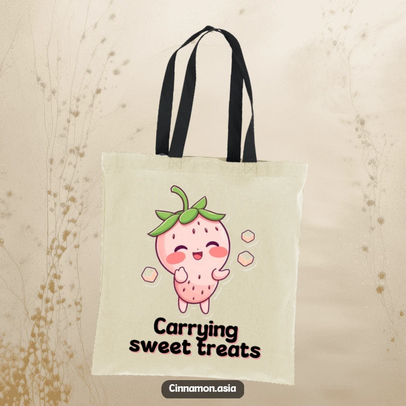 Funny tote bag depicting a blushing strawberry character giggling while juggling three small sugar cubes, great for goodies.